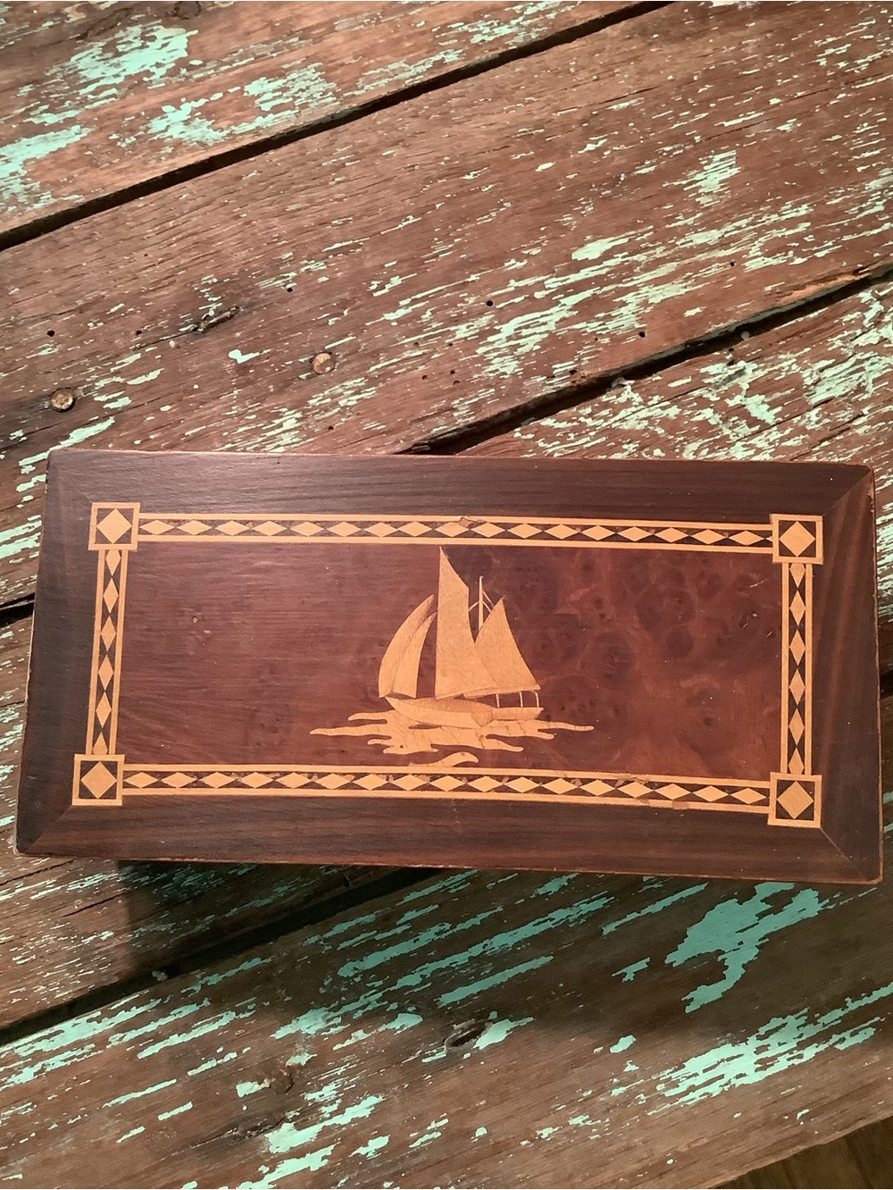 Vintage 1950’s Wood Inlaid Sailboat Jewelry Trinket Box
